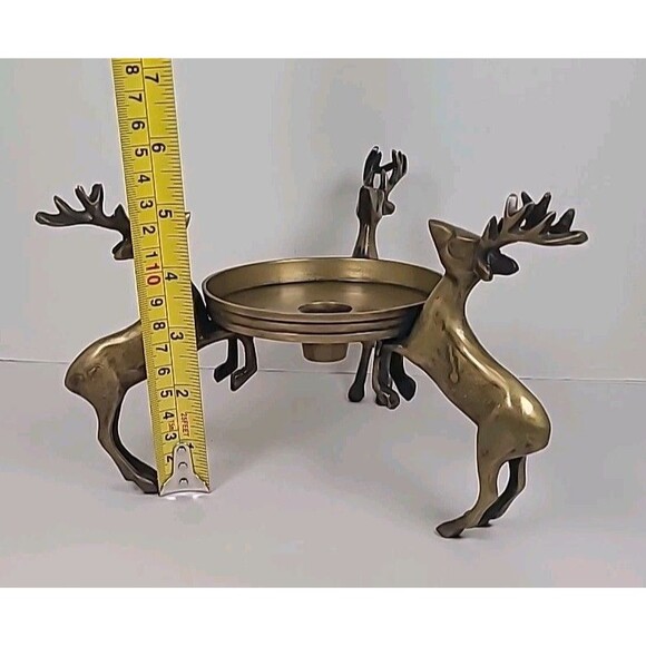 Brass Deer Reindeer Trio Footed Large Pillar Candle Holder Christmas Holiday - Picture 4 of 7